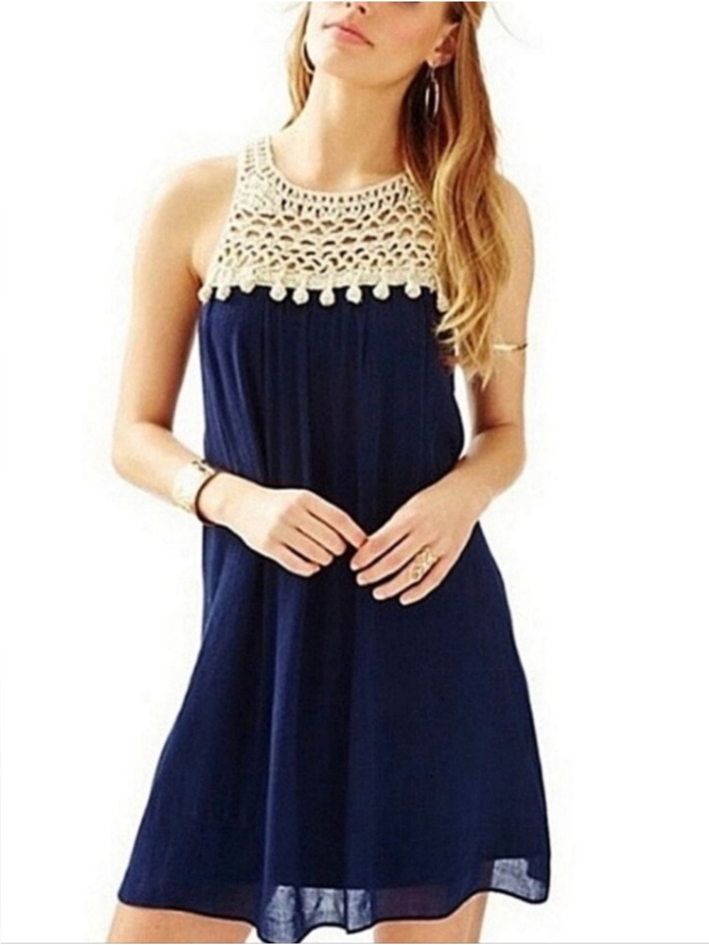 Lilly Pulitzer navy blue gold crochet rachelle mini dress high neck size L